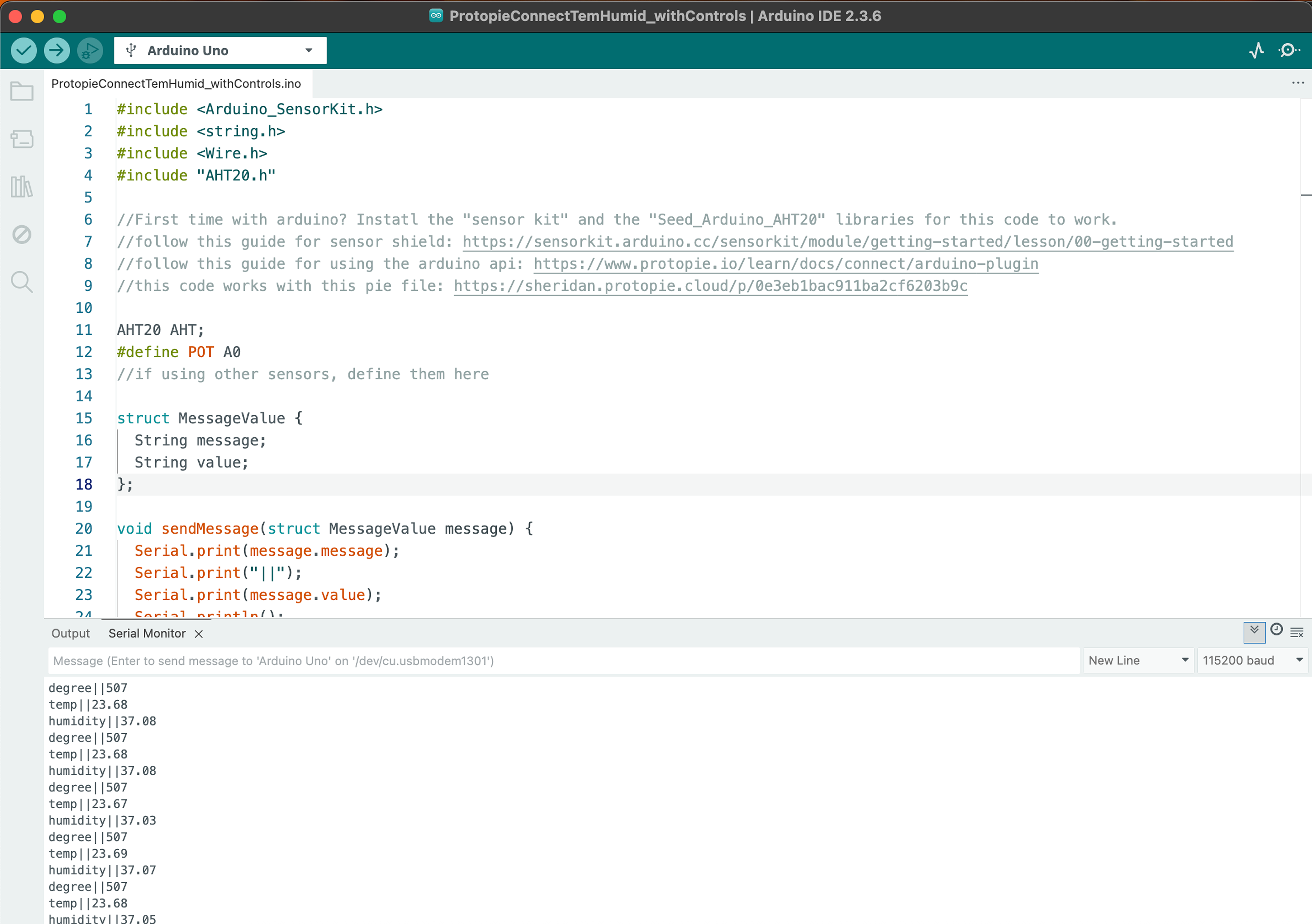 This first sketch was provided in class during week 3 during the arduino, protopie, and the temperature/humidity sensor using the kit. We ended up writing a different code as wwe were not ready to integrate with protopie and we did not want to include humidity (the Grove Temperature sesnor we used also does not have a humidity sensor on it).